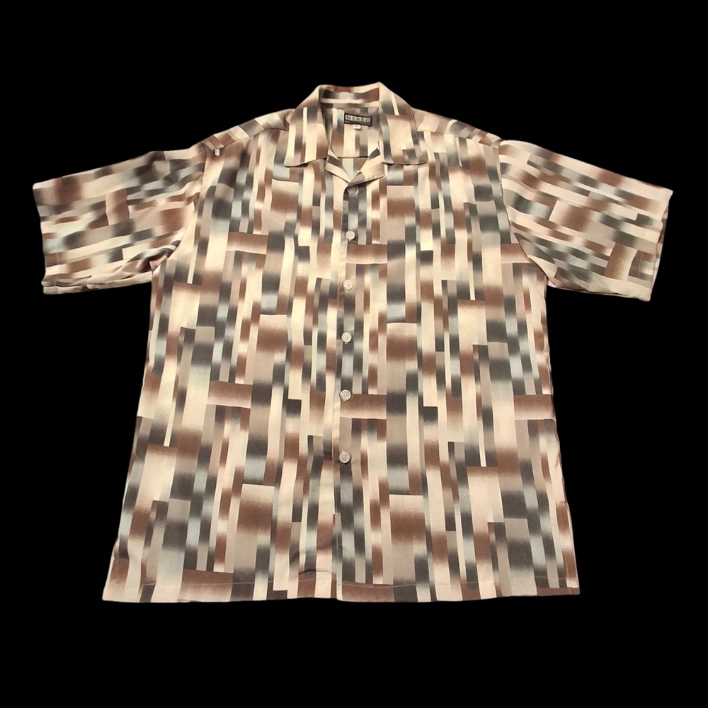 Mench Platinum Men XL Tan Windowpane Short Sleeve Polyester Button-down Shirt - Picture 2 of 13